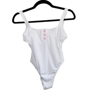 Stoney Clover Lane x Target White Ribbed Bodysuit XS Pink Button Y2K Coquette